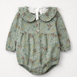 Little Co sage green floral organic cotton long sleeve bubble romper size 12 m